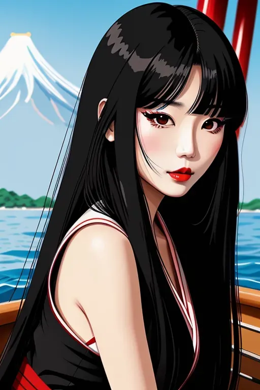 Dopamine Girl Illustration Of A Japanese Woman On A Boat Long Hair