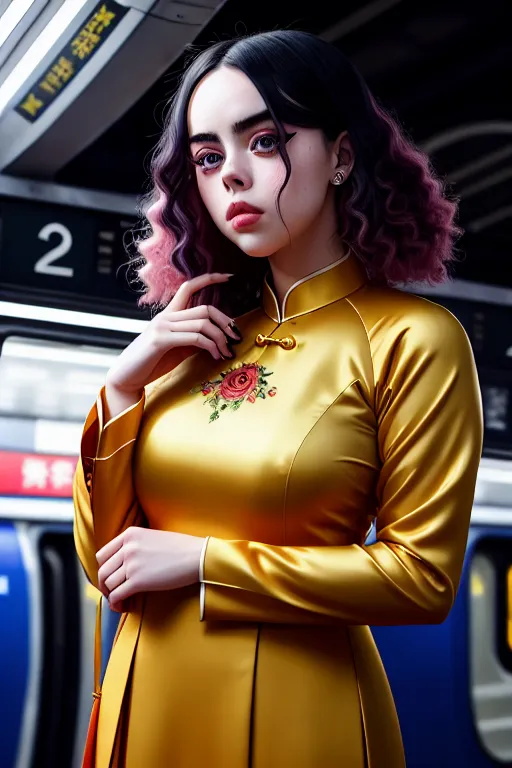 Dopamine Girl A Photograph Of Billie Eilish Wearing Ao Dai Kneeing In