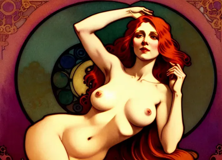 Dopamine Girl One Redhair Naked Woman Mucha Artstyle Background