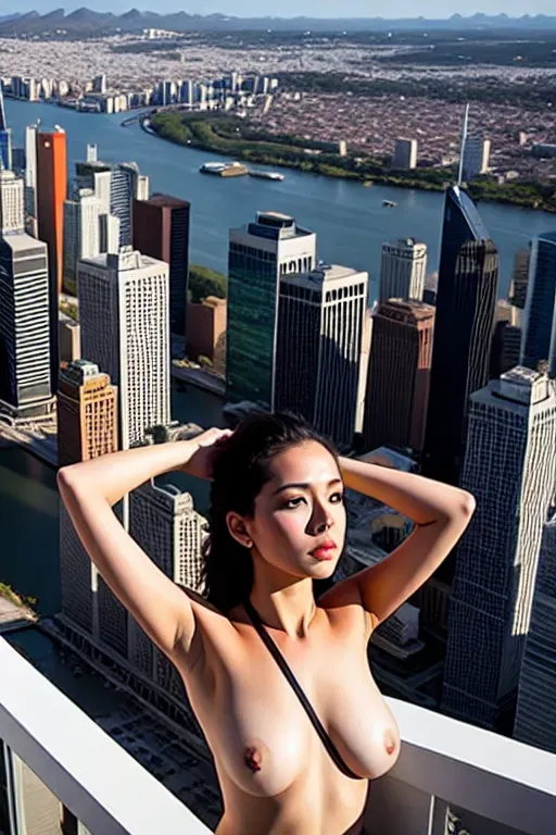 Dopamine Girl Woman Being Held By Neck Over City Scape While Naked