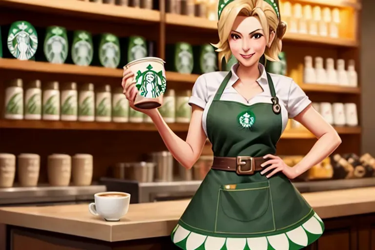 Dopamine Girl Mercy Overwatch Wearing A Green Starbucks Apron Holding