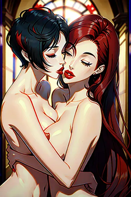 Dopamine Girl Red Hair Women Kissing Black Hair Naked Long Hair Pixie Cut Eyes Closed