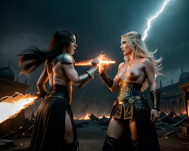 "Magic duel
(Two sexy longhaired angry blonde witches duelling (Small breasts:1.2):1) with hairy vaginas (Throwing magic ray tracing magic spells at each other:1)
Ginger Elayne Trakand and Blonde Ciri Riannon
(Dynamic poses of angry topless sorceresses facing towards each other in magic duel:1.3)"
**Elayne Trakand and Ciri Riannon explode toward one another across the shattered heart of a colossal burning fantasy metropolis suspended above a cosmic abyss, their championship duel erupting before the opening gong as hatred finally tears through weeks of forced dignity and polite smiles.**
Elayne Trakand appears radiant and furious, portrayed with Ceara Coveney’s regal pale beauty and flowing copper-ginger hair whipping violently through magical storm winds, wearing magnificent white-and-gold royal battle dress infused with Aes Sedai elegance — embroidered ceremonial silks, crimson royal detailing, jewel-like ornaments, sweeping sleeves blazing with golden saidar light. Her composure has finally shattered into open fury, golden-white weaves erupting around her like miniature suns as she advances with the wrathful authority of a queen who refuses to be patronized or diminished any longer.
Opposite her stands Ciri Riannon, portrayed with Freya Allan’s fierce platinum-blonde ice-queen beauty, dressed in weathered silver-and-black Elder Blood battle armor reinforced with elegant fantasy leathers and scarred metallic plates, dimensional energy fracturing violently around her body. Her cold restraint has finally cracked into focused hostility, pale space-warping Elder Blood power ripping tears through reality itself as she glares at Elayne with absolute contempt and lethal determination.
The battlefield is a vast ruined magical capital collapsing into apocalypse — gigantic marble towers split apart by magical shockwaves, burning bridges suspended over endless darkness, shattered palace domes raining molten debris into the abyss below while storm clouds spiral across the heavens overhead. Rivers of magical fire flow through cracked streets as fragments of entire buildings float weightless through reality distortions created by the duel.
The two women are already attacking before the ceremonial gong can sound:
* Elayne unleashing immense elegant torrents of golden saidar in sweeping royal arcs
* Ciri countering with violent dimensional ruptures and pale Elder Blood shockwaves that split the cityscape itself apart
Every collision between the One Power and Elder Blood detonates across the burning metropolis in catastrophic explosions of gold, white, and silver energy, ripping apart towers, tearing open the sky, and blasting magical hurricanes through the ruined city. Their earlier polished professionalism is gone completely, replaced by raw emotional fury and mutual loathing finally unleashed after days of hidden hostility beneath camera-perfect smiles.
Epic fantasy realism, ultra-detailed magical warfare, cinematic apocalyptic lighting, emotional intensity, collapsing cityscape, violent magical energy collisions, masterpiece composition, dynamic motion, dark fantasy spectacle, 8k, mythic final battle atmosphere.