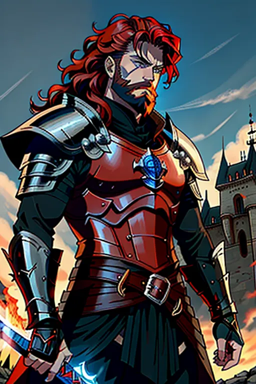 High fantasy, Berserk, a strong, warrior human, Guts, wavy red hair, pale skin, angry eyebrows, handsome blue eyes, small nose, strong cheeks, full beard, strong chin, animal skin coat, black leather armor, huge two-handed greatsword, going into battle, battle field, war in the background, castle and dragon in the far background, high definition, 4k quality, excellent lighting, great shading, pristine detail, very clear picture, vibrant colors, accurate at lower promp guidence, ultra realistic, five fingers per hand.