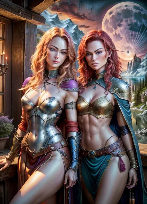 High fantasy setting (Dungeons and Dragons), two young women ((Olivia Wilde with long blonde hair and Dina Meyer with short red hair)), wearing purple and blue armour, long cape, skirt to knees, high leather boots, medium natural breasts with large cleavage, toned and slim body, abs, slender arms and legs, small ass, midrif, narrow waist, sensual expression, sharp features, very beautiful face, high cheekbones, curved eyebrows, sexy pose, holding dagger or sword in one hand, looking at the viewer, sensual and very confident smile,
castle on a cliff next to a lake and forest in the background, full moon, moon light,
two arms, two hands, five fingers, detailed fingers, two legs, two feet,
best quality, <lora:dpmg_add_detail:0.8>, vivid colors, cinematic composition, artificial light, UHD, HDR, highest quality, highest resolution, (photorealist), (photorealism), (masterpiece:1.8)