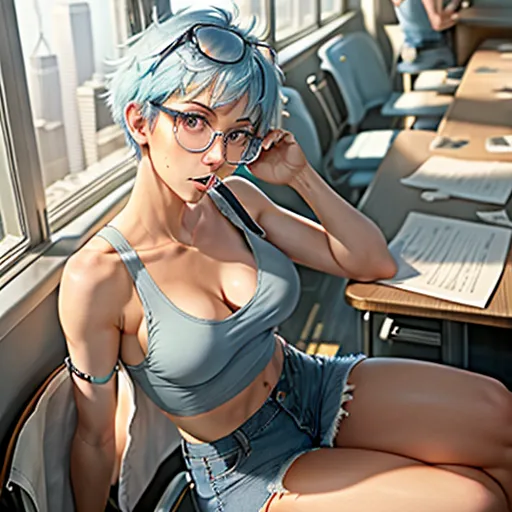 blank tank top with shoulder strap falling down arm, short messy light blue hair, small breasts, short denim skirt, no panties, view from above, holding hand at mouth, glasses, sitting in class,