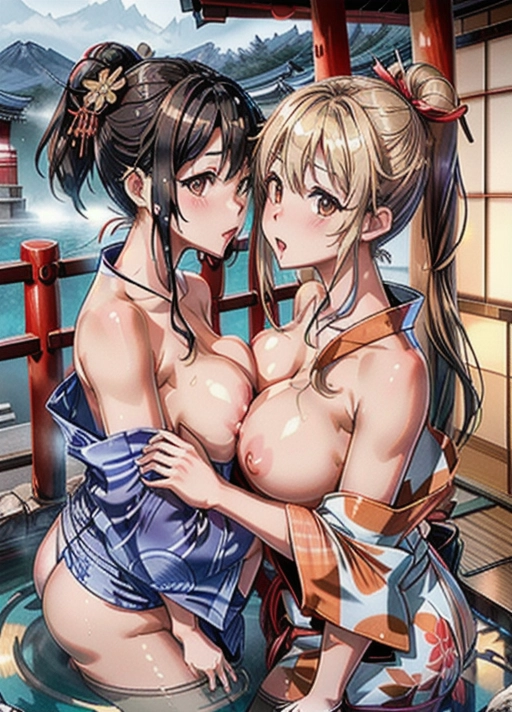 2 women, ((Japanese girls are kissing topless in onsen showing off their bare breasts:1.3)), blonde and brunette, ((they are wearing yukata exposing their large natural breasts:1.3)), ((bare breasts and nipples exposed:1.3)), ((her dress is falling off her shoulders:1.3)), perfect round breasts, very sexy body, <lora:dpmg_add_detail:1>, Ultra-detailed photography, high resolution, UHD 8K, Canon EOS DSLR, trending on artstation, unreal engine