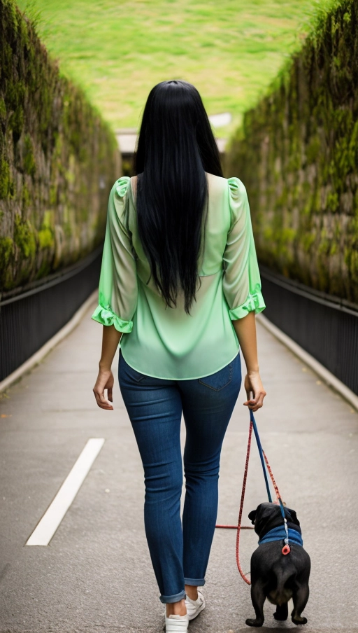 young czech woman, long black hair, she is walking a pug dog on a leash, light green backless summer blouse closed by a large ribbon, no bra, jeans, beautiful ass shaped like an inverted heart , view from backside, walking uphill in a pedestrian tunnel, close up, side view