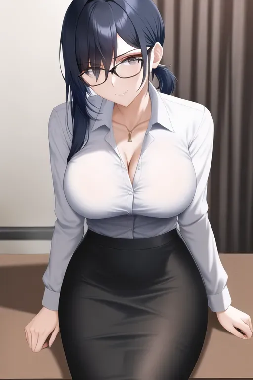 Lawyer, skinny, dark blue hair, short ponytail, no bangs, glasses, sitting on desk, office setting, white top, black skirt, unbuttoned blouse, medium breast, horny,