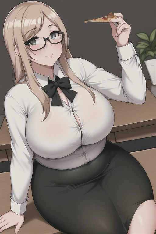 uhd, best quality, 1girl, low angle view, milf, glasses, white button up shirt, black pencil skirt, tights, plump, fat, obese, lunch time, sitting in chair, sitting at desk, eating pizza,