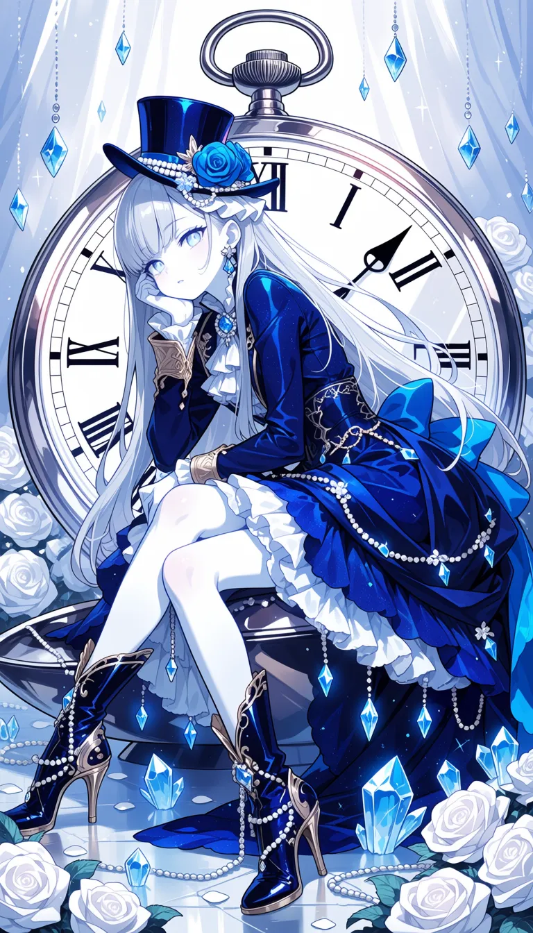 masterpiece, best quality,score_7,
a young girl with long silver hair and glowing pale skin sits gracefully in front of a massive silver pocket watch. She wears an ornate deep blue and white dress with crystal accents, high-heeled boots, and a top hat adorned with a blue rose and pearls. The scene is filled with shimmering light, white roses, crystal shards, and diamond-like gems, creating an elegant, luxurious, and fantastical atmosphere. anime, watercolor