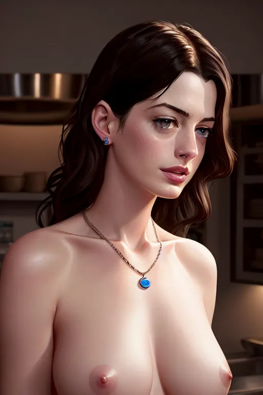 a digital painting of,anne hathaway,naked,doing sexy pose,in the kitchen,five fingers per hand,gorgeous face,beautiful lips,blue eyes,curved eyebrows,textured skin,cosy,wearing necklace,studio lighting,cinematic lighting,unreal engine,editorial,artstation