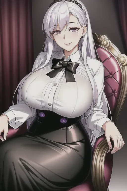 mature woman, gorgeous woman, detail eyes, violet eyes, long white hair, e cup breast, beautiful face, graceful, motherly side plait, beautiful eyes, smiling, white shirt, long black skirt, black bowtie, sitting on luxury chair, good lighting, beautiful background, 4k, mole on face, detail mole