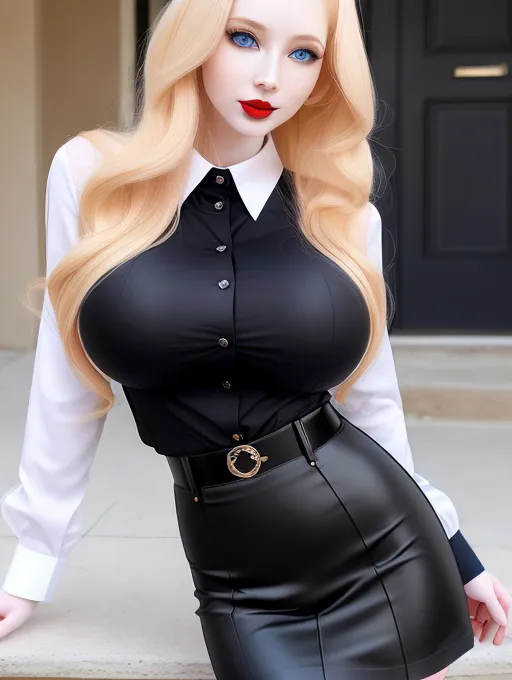Beautiful woman, full length photo, ((gigantic breasts)) (sexy cleavage) full red lips, long flowing blonde hair, pale skin, bright blue eyes, tiny slim waist, fit, black pencil skirt, black button down blouse, sexy blouse (SS uniform) high resolution, 4 fingers, good hands, ultra realistic,