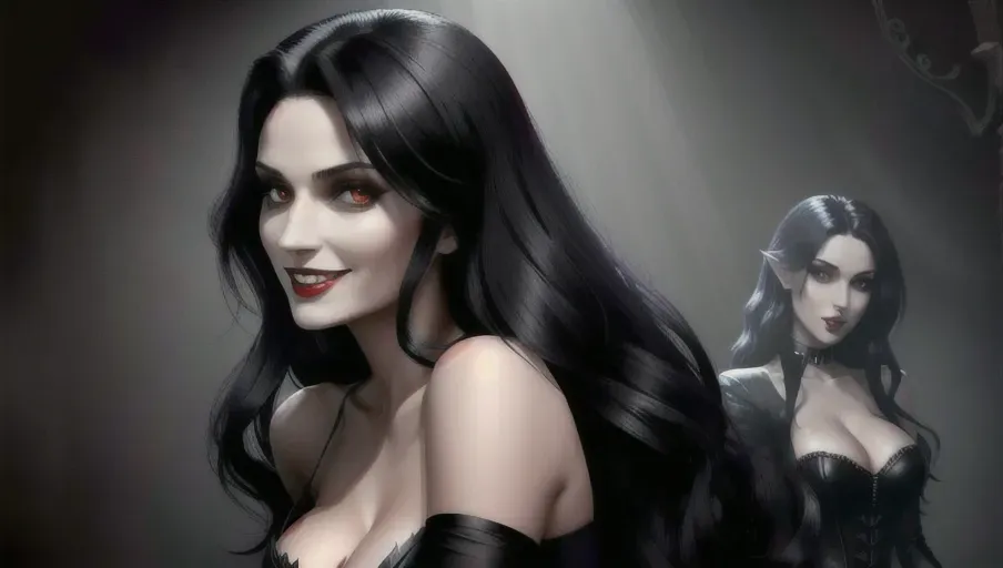 two figures in a dark and foggy goth club, an evil sexy sensual slightly taller dominant female black straight haired vampire woman with a wide toothy predatory smile, taking face of her victim in her hands gazing dominantly into her eyes hypnotizing innocent, light reddish-auburn gentle wavy hair, good girl mid-twenties Anna of Arendelle in a modest soft green gown.