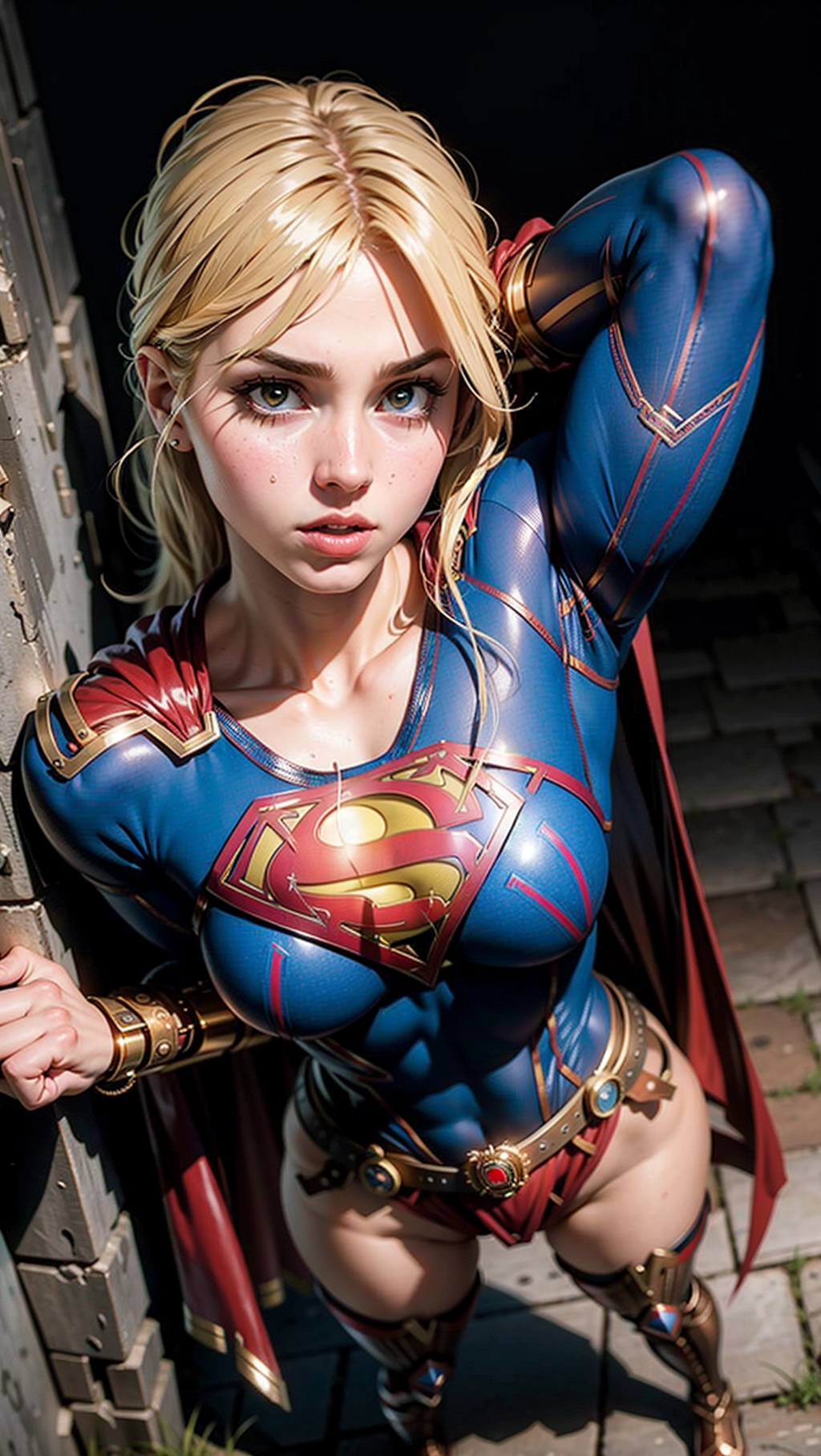 ((8k, RAW photo, best quality, masterpiece:1.2), (realistic, photo-realistic:1.37), ultra-detailed, (Steampunk Supergirl:1.4), full body, slender, (big tits), skinny, fucked by, monster, in a dungeon, fantasy style, no hat,