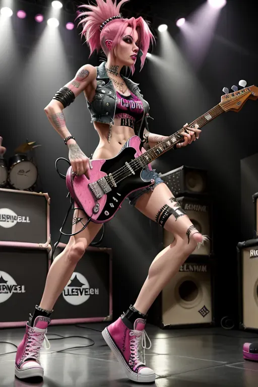 Punk rock chick, pink hair, on stage, playing guitar, ripped clothes, medium breast, very skinny, long legs, converse high top shoes,