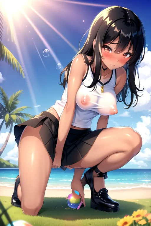 long eyelashes, tan girl, black hair, skinny, sexy pose, sun rays, blushing, bubble butt, puffy nipples, short skirt, showing pussy, juicy pussy, on her knees