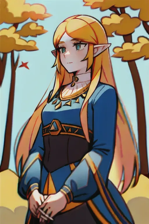 <lora:dpmg_princess_zelda:0.8>, 1girl, bangs, blonde hair, breasts, bridal gauntlets, closed mouth, expressionless, from side, green eyes, highres, jewelry, long hair, long sleeves, nintendo, outdoors, own hands together, pointy ears, ring, small breasts, solo, standing, the legend of zelda, tree, triforce print, upper body, blue shirt and black pants