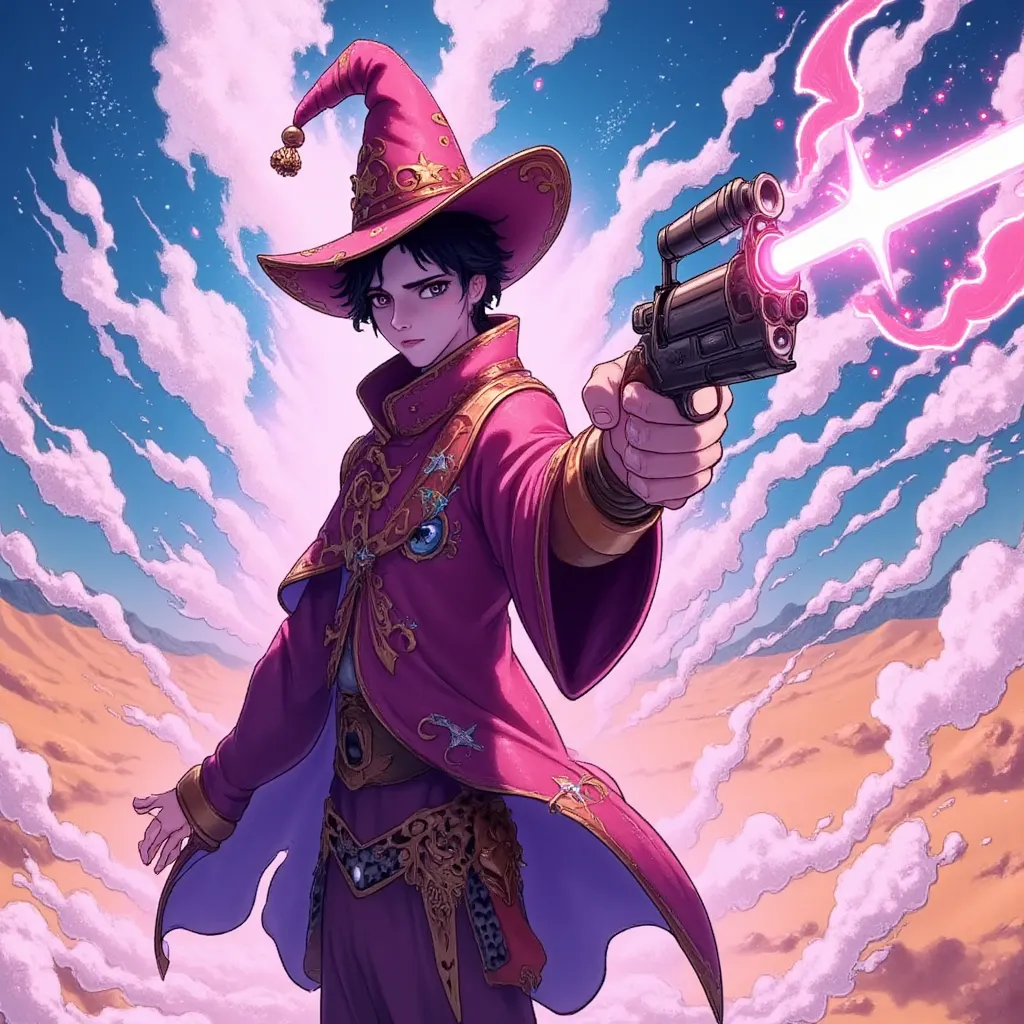 , solo, male , spaceman cowboy, powdered white makeup skin tone, starry eyes, stars in his eyes, space eyes cosmos, holding detailed laser revolver ,wearing wizard clothing, apprentice wizard , starlord, marvel, spike, cowboy bebop, young bounty hunter, black hair , black colored short length curly hairstyle , star emblem , half alien, big wizard hat, blade runner , battle mage, agent of magic, bag full of potions, potions on belt , herbalist, mage, 1 male only, wizard jacket on, discovering the mystery of magic, magic in left hand , short elf ears, black short handsome curly hair, alien antenna on head, fully clothed , half shadow, half light, posh, , well groomed, weaver of dark and light energy power, wizard jacket, loops rings ears , white powdered alien ,confused cute look in eyes, solo, holding tome , black and white checkered scarf around neck, humanoid, cute look in eyes, masterpiece , antenna alien , final fantasy art style ,cute look in eyes, masterpiece , background in desert wasteland, anime art style