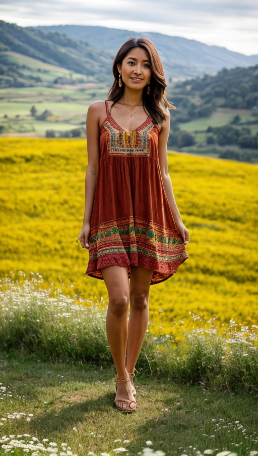 A woman from Peru with a straight, medium-length hairstyle stands in an ancient ruins background. She is posed casually with her weight on one leg and her hands in her pockets, facing the camera with a warm smile and sparkling eyes. She wears a bohemian-style sundress with a flowy design, emphasizing her slender build. The scene is captured with a slight tilt angle, adding a candid feel to the image, taken at midday in natural lighting with an aperture setting of f8 and ISO 200, offering sharpness in both the subject and the beautiful stone architecture surrounding her., (((lying on meadow))), close up, (erected nipples), ((spreading legs))