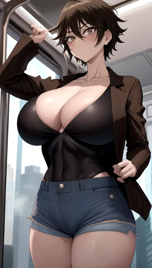 In the art style of one punch man, 1girl, sexy, gigantic saggy breasts, huge breasts, medium ass, short brown hair, brown eyes, in a city, on a crowded train, black v-neck shirt, no bra, brown jacket, skin tight jean shorts