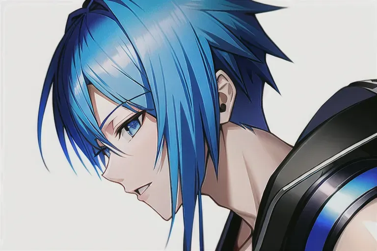 blue haired guy with blue eyes that has headphones on