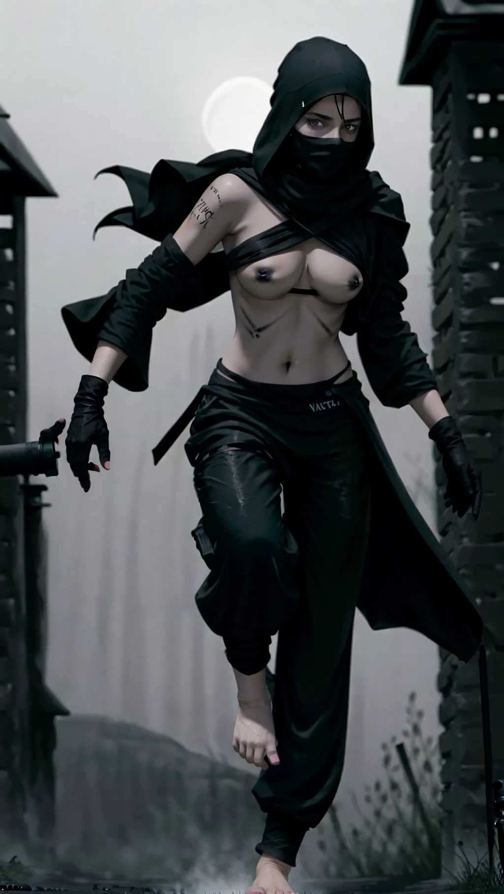 full-body image of young hot pale topless barefoot curvy German female assassin running through the dark bog, (barefoot: 1.2), (sexy feet: 1.2), (topless: 1.2), (black hair: 1.2), (long black harem pants: 1.3), (black nipples: 1.3), (black nipples: 1.3), (black nipples: 1.4), (black nipples: 1.2), (black nipples: 1.4), (black nipples: 1.3), (black nipples: 1.3), (black nipples: 1.4), (wearing hooded cloak: 1.2), (night: 1.2), (black bandana facemask: 1.2), (black markings: 1.2), (black gloves: 1.2), (detached sleeves: 1.2),
