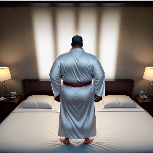 Rear view of a middle-aged, fat man is standing in a luxurious bedroom, dressed in an expensive bathrobe which is open, his large, erect penis sticking out. He looks down on a large bed. Man has a large belly sticking out from his robe. He holds a glass of whiskey in one hand.
He is barefoot.
