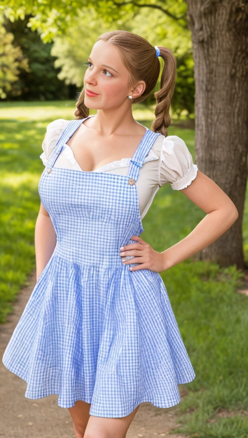 HDR. Dorothy from the wizard of oz in a playboy pictorial, (Wearing A blue and white gingham pinafore over a high-necked cream blouse :1.2), (((nipples exposed))), lewd, nsfw, breasts visible, Highly detailed fabrics, Highly detailed skin texture. (C_cup breasts:1.3), Very realistic dynamic lighting,(Full Body visible),((Presenting Pussy to the Viewer:1.4)), 1934, long pigtails