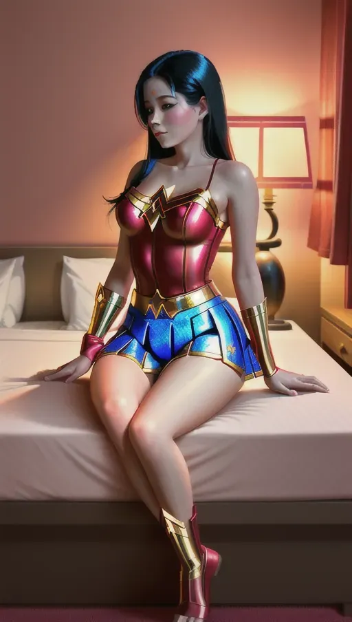 gentle and comforting wonder woman in red love hotel on romantic bed, pink lighting
red and gold wonder woman costume with blue skirt, long black hair