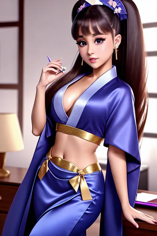 a concept art of,ariana grande,wearing kimono,dancing,at the office,small breasts,five fingers per hand,silky hair,charming face,beautiful lips,blue eyes,curved eyebrows,curved eyelid,pale skin,romantic,wearing golden ring,sharp focus,editorial,professional,pixiv,ultra realistic