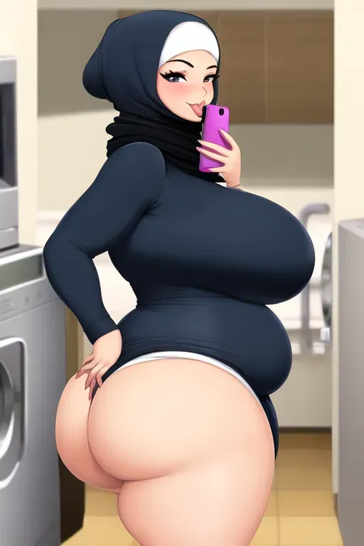 A curvy hijab mom with big-tits and big hips in dress shaking her butt with her tongue out dancing in the laundry room with a cellphone in her hand