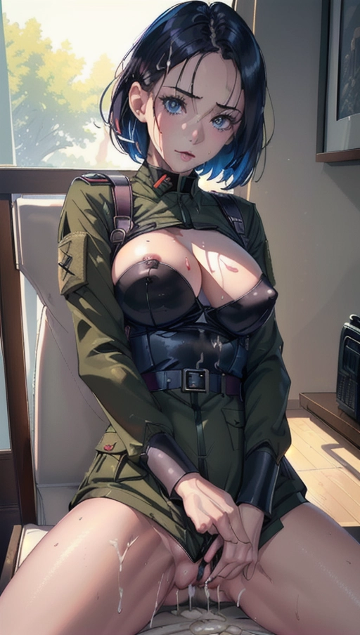 army girl in barrack (outfit:1.5), 8k, (erotic:1.6), nice (breasts:.4) with nice nipples, dynamic scene, digital photo, (cum:1.4), (slut:1.5), (spread pussy:1.4), simple background,
(short black-colored hair, horny face, bites lips, look at the camera, blue-colored eyes, pale skin that glistens in the sun), (beautiful detailed eyes, symmetrical eyes), dramatic lighting, (photorealism), (photorealistic), (8kRAW photomasterpiece), High detail RAW color photo, a professional photorealistic, (highest quality), (best shadow), (best illustration), ultra high resolution, highly detailed CG unified 8K wallpapers, physics-based rendering, photo,realistic, realism, high contrast, hyperrealism, photography, f1 6 lens, rich colors, hyper-realistic lifelike texture, cinestill 800,
in chair, <lora:dpmg_fingering:.4>, <lora:female ejaculation:.2>