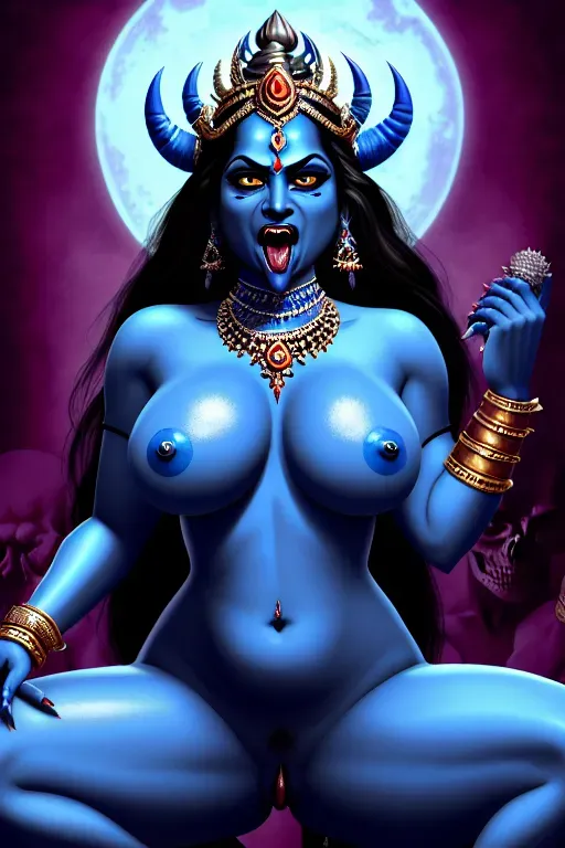 Hindu goddess kali, blue-skinned, angry-eyed, big eyes, full naked, cowgirl pov, tongue out, vampire fangs, riding dick, four hands, bloody weapons, beheaded skull, indian, long waivy thick hair, extra limbs, four hands, indian, bengali