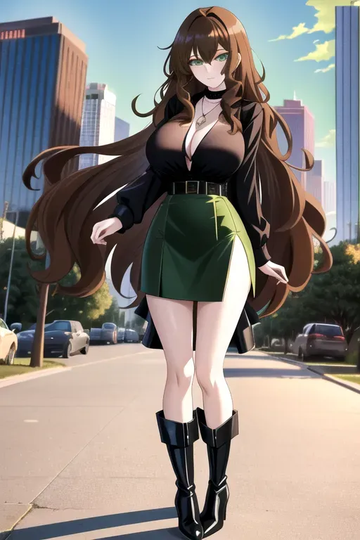 full body, chestnut hair, green eyes, short girl, green miniskirt, black high heel boots, looking at viewer, long hair, pale skin, black necklace, black blouse, 24 years old, big breasts, cute face, pov, wavy hair, city environment, Oklahoma City