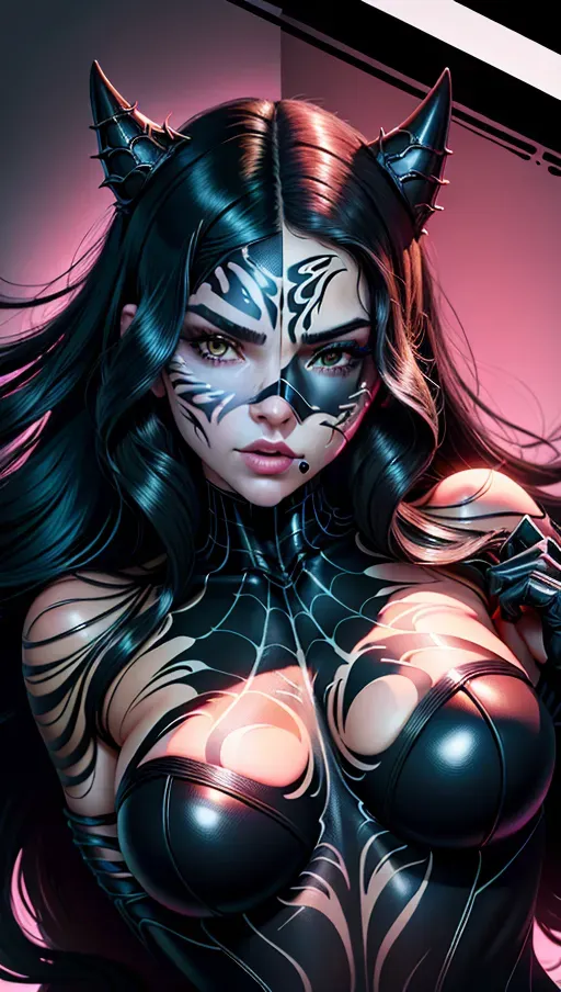 ((((closeup)))), very close, best quality, (((ultra high res))),((Kendall Jenner symbiote girl)), five fingers per hand, ((full transformed face)), face covered in symbiote goo, ((((complete face transformed into symbiote)))), very long hair, on bed, pov under her