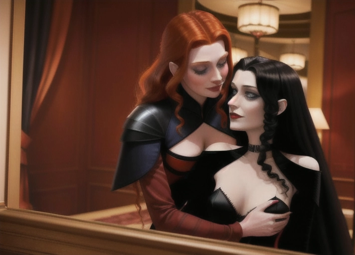 midnight in the luxury penthouse suite at Hotel Transylvania, Beautiful long auburn haired with large deep blue eyes Queen Anna of Arendelle in elegant black gothic style posing hypnotized, in the hungry embrace of her new vampiric very pale short black haired friend Mavis with a blood thirsty smile from Hotel Transylvania convincing Anna to join her as a vampire. photorealistic. photorealistic.