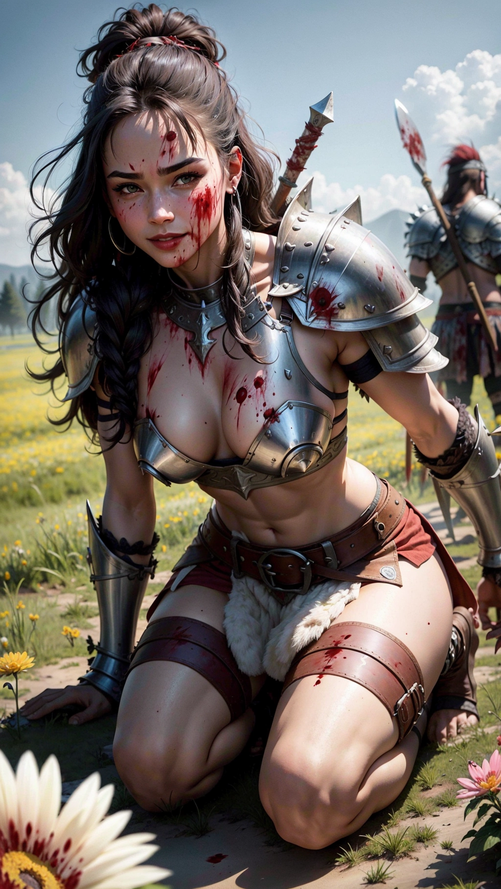 a professional photograph, fantasy, 1 (((barbarian))) woman is ((kneeing on the ground)) to (((sniff flowers:1.4))) after an epic bloody battle (in a flower meadow:1.3), (((dented:1.4))) (((barbarian armor:1.4))), (((furry skirt))), ((love look:1.4)) and ((shy smile:1.2)), (long messy dark hair), (((she smells flowers))), ((athletic:1.4)), ((breast exposed)), ((close-up face)), (((blood:1.5))), ((tall grass)),
((cut grass flying in the air)), ((dust flying in the air)), epic battle, ((corpses in background)),
vivid colours, cinematic lighting, cinematic composition, 32k, HDR, highest quality, highest resolution, (photorealist:1.72), (photorealism:1.72), (masterpiece:1.18), --s 750
