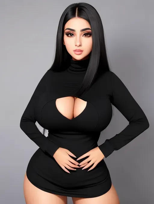Gorgeous Arab babe, huge gigantic boobs, (gigantic boobs), black hair, photo gorgeous attractive face, sharp cheek bones, beautiful big bimbo lips, sexy, slim waist, thin curvy hourglass figure, wide hips, tight black sweater dress, photorealistic, best quality, ultra high resolution