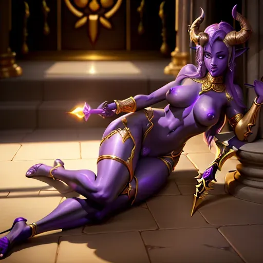 a (One Person Only) Zoomed in nude sexy African face holy Draenei female with purple skin with golden nipple and pussy showing in a cathedral a wielding gold sword