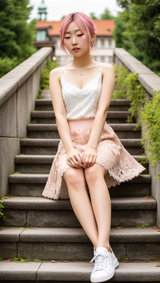 young korean lady, in Prague,in a garden, sitting on a stair, thin chest, dark green lace shirt, (white tull skirt), sneakers, pink hair, close up, cleavage, (dramatic scene) , very low camera angle, ((spreading legs)) , hands support stair