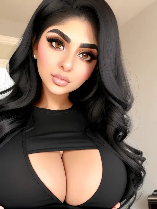 Gorgeous young Persian woman, photo cute attractive young face, large wide doe eyes, light colored eyes, big bimbo lips, huge gigantic boobs, (gigantic tits), raven-black hair, sexy, thin, slim waist, tight flannel shirt, photorealistic, best quality, ultra high resolution