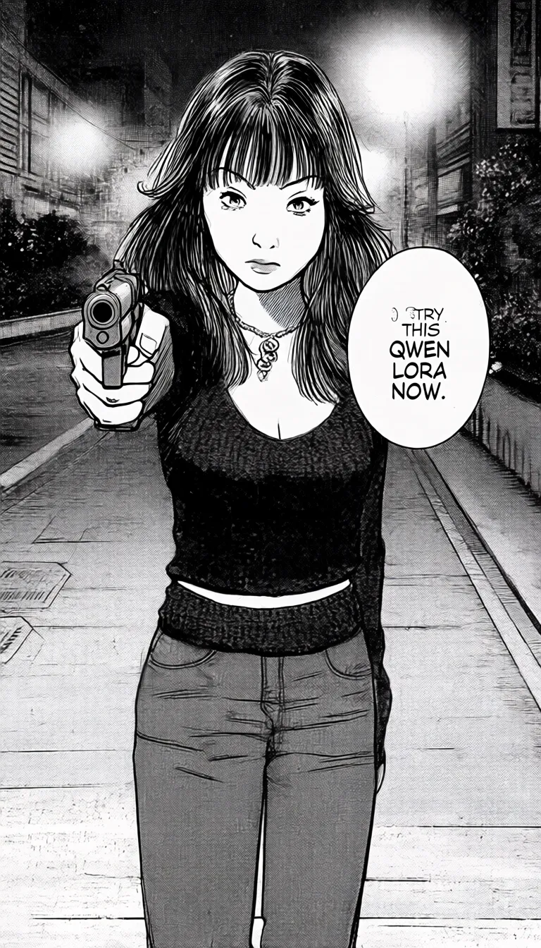 Image of a girl standing on a street at night. She is pointing a handgun directly at the camera. She is wearing a dark top with a cleavage, a jeans and a necklace. She has long hair, and a serious expression on her face. There is a bubble with the text "TRY THIS QWEN LORA NOW." next to her head.