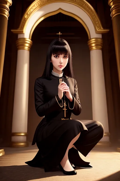a illustration of,a canadian girl,wearing priest clothes,squatting,in a temple,five slender fingers,bangs hairstyle,charming face,beautiful lips,black eyes,curved eyebrows,pale skin,romantic,wearing golden ring,studio lighting,artstation,sharp focus,professional,unreal engine