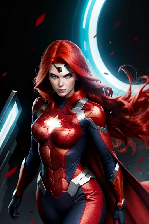 Magitech superhero, female, red hair
