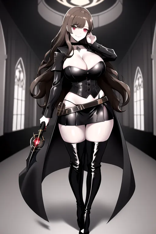 brown hair, heterochromia, miniskirt, cleavage, giant breasts, black high heels, thigh high boots, pale skin, fantasy city environment, looking at viewer, pov, smiling, 1 girl, short girl, 4k, choker, wavy hair, black shirt, black skirt, holding silver revolver, white cloak, full body