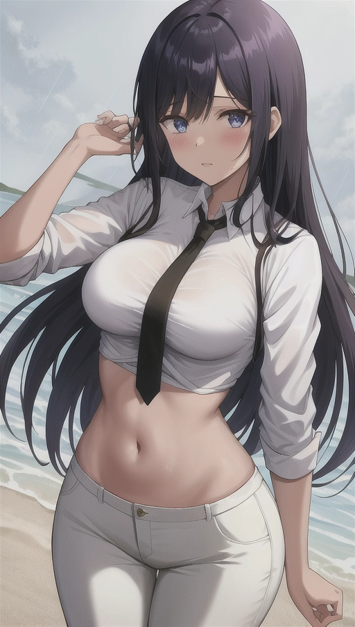 (more_details:1), nico_robin,brown, tanned skin,white formal blouse, purple pants, long black hair, fringe hair, blue eyes, sky epic, rain, round tit, round ,thick thighs, small waist, solo, 1 girl, body perfect, body complete