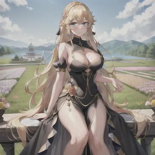masterpiece, best quality, princess peach (blonde, 1girl, solo, looking at viewer, blue eyes, dress, long hair, closed mouth, cleavage, breasts, earrings, hair ornament, black dress, hair between eyes, bare shoulders, braid, flower, riding white horse:1.3, outdoors, armor, lake, flowers, field with landscape view), Intricate clothes, mature, adult
