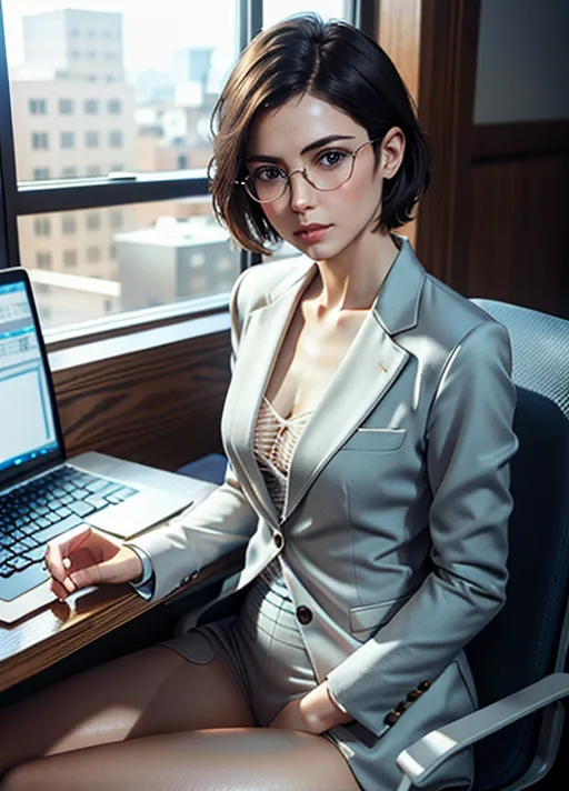 no makeup,natural beauty,(((small firm and perky breasts))),tall,wide hips,athletic build,blue eyes,(((no pubes))),(((wearing smart suit))),(sitting, legs crossed, at a computer,writing code),(((small round wireframe glasses))),erect nipples,(((sultry look))),perfect teeth,Masterpiece,perfect edges, ultra realistic, perfect anatomy, realistic skin texture, (soft natural lighting),(soft white glow),short brunette hair with great details,face photorealistic, highly detailed face,highly detailed photorealistic eyes,perfect hands,(highly detailed photorealistic skin),pores